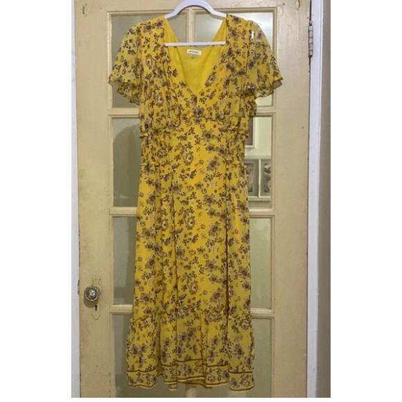 Max Studio Floral Ruffle Flutter Sleeve Dress Yellow Medium Gold Spring NEW - Picture 6 of 6